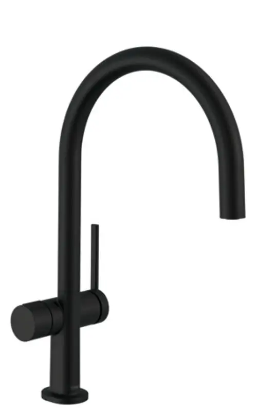 Schwarzer Spültischmischer von Hansgrohe mit hohem, geschwungenem Auslauf und seitlichem Hebel zur Steuerung des Wasserflusses.